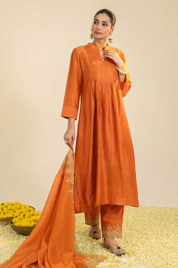 Shop_Roohbyridhimaa_Rust Silk, Organza, Viscose Mandarin Collar, Yes Gumaan Pintuck Kurta Set _Online_at_Aza_Fashions