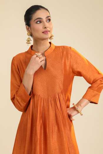 Roohbyridhimaa_Rust Silk, Organza, Viscose Mandarin Collar, Yes Gumaan Pintuck Kurta Set _at_Aza_Fashions