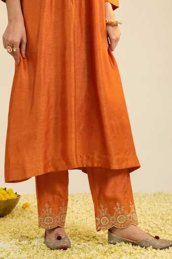 Shop_Roohbyridhimaa_Rust Silk, Organza, Viscose Mandarin Collar, Yes Gumaan Pintuck Kurta Set 