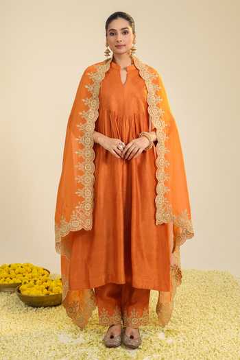 Buy_Roohbyridhimaa_Rust Silk, Organza, Viscose Mandarin Collar, Yes Gumaan Pintuck Kurta Set _at_Aza_Fashions