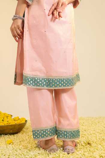 Shop_Roohbyridhimaa_Pink Silk, Chanderi, Tissue Split V-neck Akshi Embroidered Kurta Set _Online_at_Aza_Fashions