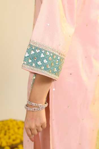 Roohbyridhimaa_Pink Silk, Chanderi, Tissue Split V-neck Akshi Embroidered Kurta Set _at_Aza_Fashions