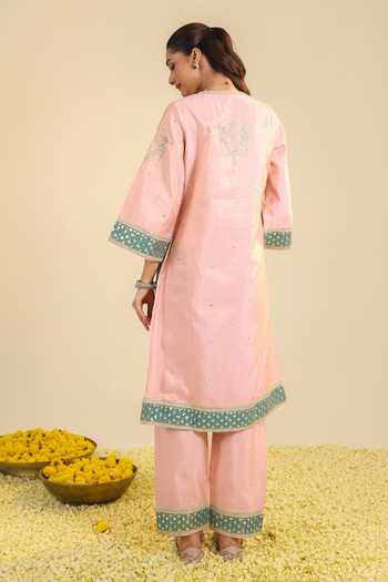 Roohbyridhimaa_Pink Silk, Chanderi, Tissue Split V-neck Akshi Embroidered Kurta Set _Online_at_Aza_Fashions