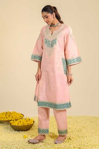 Shop_Roohbyridhimaa_Pink Silk, Chanderi, Tissue Split V-neck Akshi Embroidered Kurta Set 