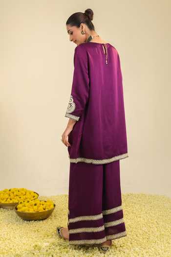 Roohbyridhimaa_Purple Chanderi, Silk Satin Embroidery, Sequins, Zari Round Zainaa Kurta Set _Online_at_Aza_Fashions