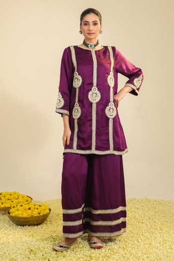 Buy_Roohbyridhimaa_Purple Chanderi, Silk Satin Embroidery, Sequins, Zari Round Zainaa Kurta Set _Online_at_Aza_Fashions
