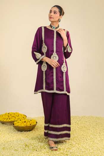 Shop_Roohbyridhimaa_Purple Chanderi, Silk Satin Embroidery, Sequins, Zari Round Zainaa Kurta Set _Online_at_Aza_Fashions