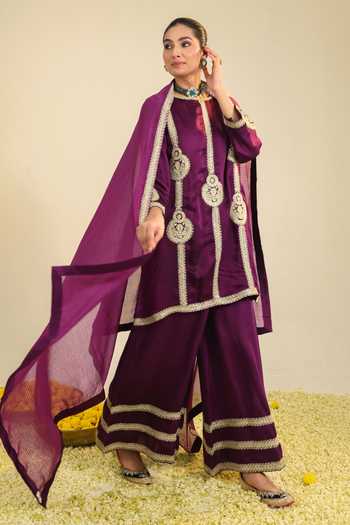Roohbyridhimaa_Purple Chanderi, Silk Satin Embroidery, Sequins, Zari Round Zainaa Kurta Set _at_Aza_Fashions