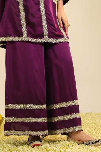 Buy_Roohbyridhimaa_Purple Chanderi, Silk Satin Embroidery, Sequins, Zari Round Zainaa Kurta Set 