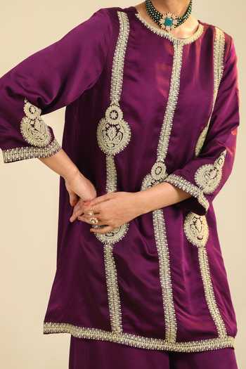 Shop_Roohbyridhimaa_Purple Chanderi, Silk Satin Embroidery, Sequins, Zari Round Zainaa Kurta Set 