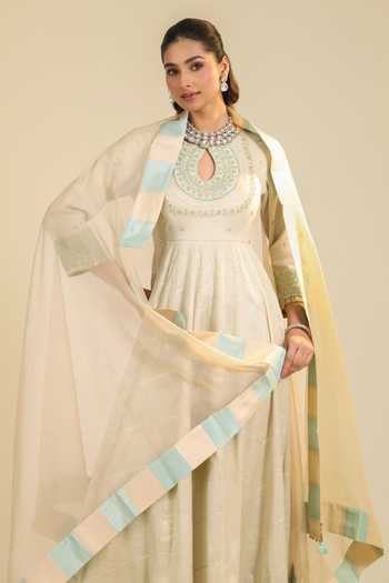 Shop_Roohbyridhimaa_Off White Organza, Tissue Shimmer Tarini Embroidered Anarkali With Dupatta _Online_at_Aza_Fashions