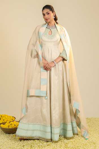 Roohbyridhimaa_Off White Organza, Tissue Shimmer Tarini Embroidered Anarkali With Dupatta _Online