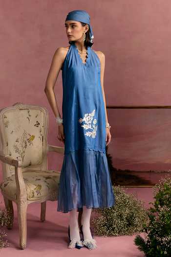 Buy_Surabhi Arya_Blue Cotton, Twill Halter Neck Applique Leather Patchwork Dress _Online_at_Aza_Fashions