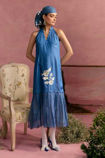 Shop_Surabhi Arya_Blue Cotton, Twill Halter Neck Applique Leather Patchwork Dress _Online_at_Aza_Fashions