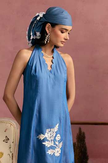 Surabhi Arya_Blue Cotton, Twill Halter Neck Applique Leather Patchwork Dress _at_Aza_Fashions