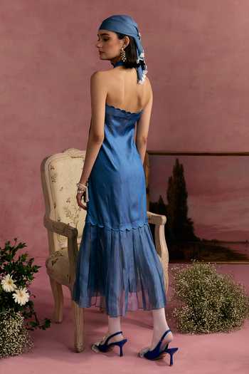 Shop_Surabhi Arya_Blue Cotton, Twill Halter Neck Applique Leather Patchwork Dress _at_Aza_Fashions