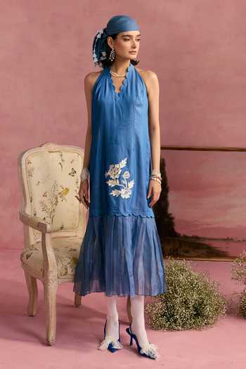 Buy_Surabhi Arya_Blue Cotton, Twill Halter Neck Applique Leather Patchwork Dress 