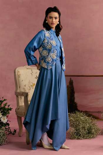 Surabhi Arya_Blue Cotton, Denim, Twill Collared Neck Embroidered Vest And Skirt Set _Online_at_Aza_Fashions