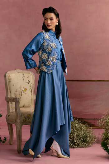 Buy_Surabhi Arya_Blue Cotton, Denim, Twill Collared Neck Embroidered Vest And Skirt Set _Online_at_Aza_Fashions