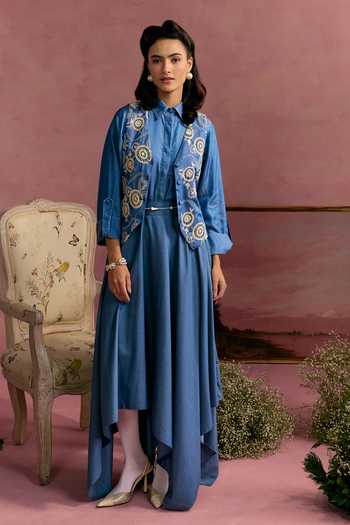 Buy_Surabhi Arya_Blue Cotton, Denim, Twill Collared Neck Embroidered Vest And Skirt Set _at_Aza_Fashions