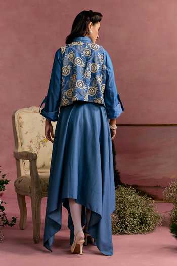 Shop_Surabhi Arya_Blue Cotton, Denim, Twill Collared Neck Embroidered Vest And Skirt Set _at_Aza_Fashions