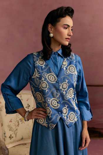 Shop_Surabhi Arya_Blue Cotton, Denim, Twill Collared Neck Embroidered Vest And Skirt Set _Online_at_Aza_Fashions