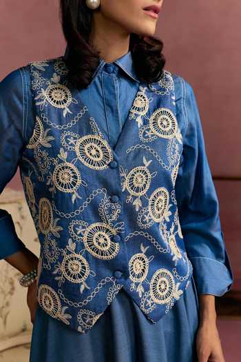 Surabhi Arya_Blue Cotton, Denim, Twill Collared Neck Embroidered Vest And Skirt Set _at_Aza_Fashions