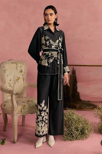 Buy_Surabhi Arya_Black Cotton, Twill Collared Neck Applique Embroidered Shirt And Trouser Set _at_Aza_Fashions