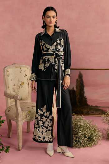 Surabhi Arya_Black Cotton, Twill Collared Neck Applique Embroidered Shirt And Trouser Set _Online_at_Aza_Fashions
