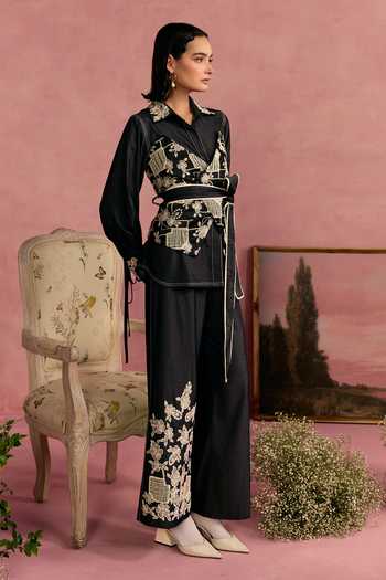 Buy_Surabhi Arya_Black Cotton, Twill Collared Neck Applique Embroidered Shirt And Trouser Set _Online_at_Aza_Fashions