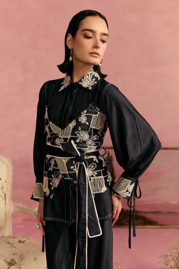 Shop_Surabhi Arya_Black Cotton, Twill Collared Neck Applique Embroidered Shirt And Trouser Set _Online_at_Aza_Fashions