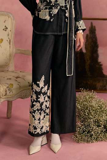 Surabhi Arya_Black Cotton, Twill Collared Neck Applique Embroidered Shirt And Trouser Set _at_Aza_Fashions