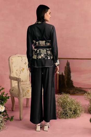 Shop_Surabhi Arya_Black Cotton, Twill Collared Neck Applique Embroidered Shirt And Trouser Set _at_Aza_Fashions