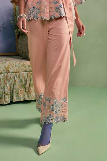 Surabhi Arya_Peach Cotton, Twill Collared Neck Floral Applique Shirt And Pant Set _Online_at_Aza_Fashions