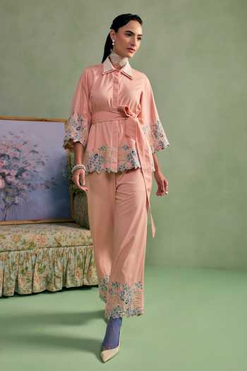Buy_Surabhi Arya_Peach Cotton, Twill Collared Neck Floral Applique Shirt And Pant Set _Online_at_Aza_Fashions