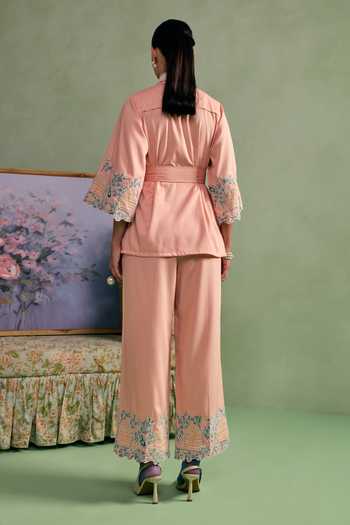 Shop_Surabhi Arya_Peach Cotton, Twill Collared Neck Floral Applique Shirt And Pant Set _at_Aza_Fashions