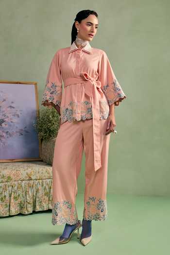 Shop_Surabhi Arya_Peach Cotton, Twill Collared Neck Floral Applique Shirt And Pant Set _Online_at_Aza_Fashions