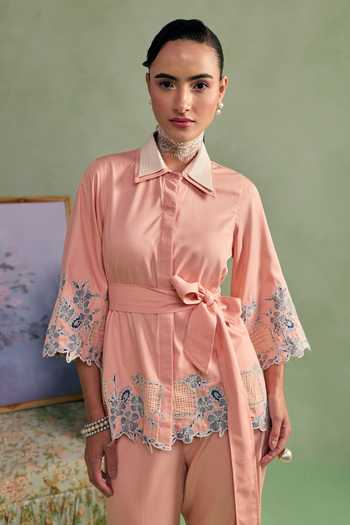 Surabhi Arya_Peach Cotton, Twill Collared Neck Floral Applique Shirt And Pant Set _at_Aza_Fashions