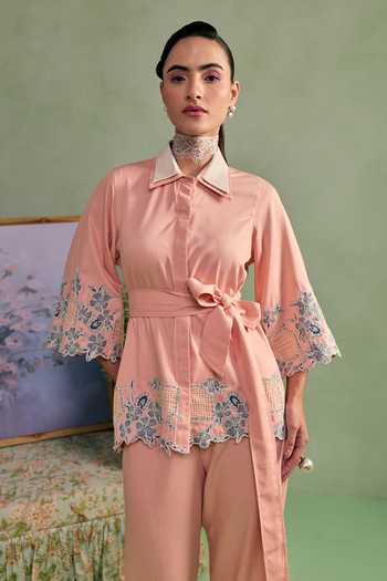 Buy_Surabhi Arya_Peach Cotton, Twill Collared Neck Floral Applique Shirt And Pant Set 