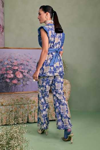Shop_Surabhi Arya_Blue Cotton, Denim High Neck Ruffled Top And Trouser Set _at_Aza_Fashions