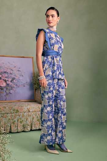 Surabhi Arya_Blue Cotton, Denim High Neck Ruffled Top And Trouser Set _Online_at_Aza_Fashions