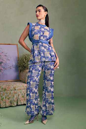 Buy_Surabhi Arya_Blue Cotton, Denim High Neck Ruffled Top And Trouser Set _Online_at_Aza_Fashions