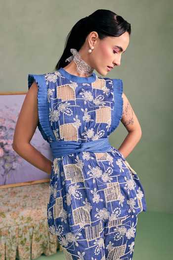Surabhi Arya_Blue Cotton, Denim High Neck Ruffled Top And Trouser Set _at_Aza_Fashions