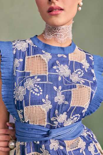 Buy_Surabhi Arya_Blue Cotton, Denim High Neck Ruffled Top And Trouser Set 