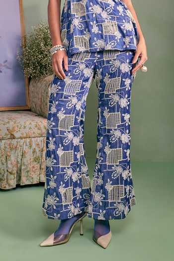 Shop_Surabhi Arya_Blue Cotton, Denim High Neck Ruffled Top And Trouser Set 