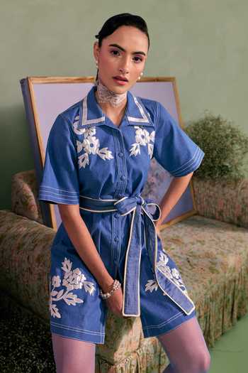 Surabhi Arya_Blue Cotton, Twill Button-down Neck Leather Patchwork Dress With Belt _Online_at_Aza_Fashions