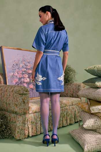 Shop_Surabhi Arya_Blue Cotton, Twill Button-down Neck Leather Patchwork Dress With Belt _at_Aza_Fashions