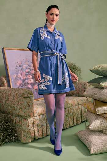 Buy_Surabhi Arya_Blue Cotton, Twill Button-down Neck Leather Patchwork Dress With Belt _Online_at_Aza_Fashions