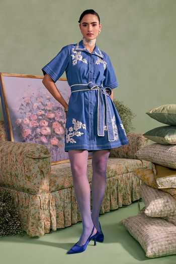 Shop_Surabhi Arya_Blue Cotton, Twill Button-down Neck Leather Patchwork Dress With Belt _Online_at_Aza_Fashions
