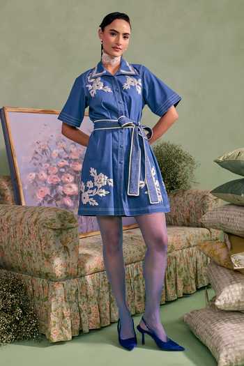 Surabhi Arya_Blue Cotton, Twill Button-down Neck Leather Patchwork Dress With Belt _at_Aza_Fashions